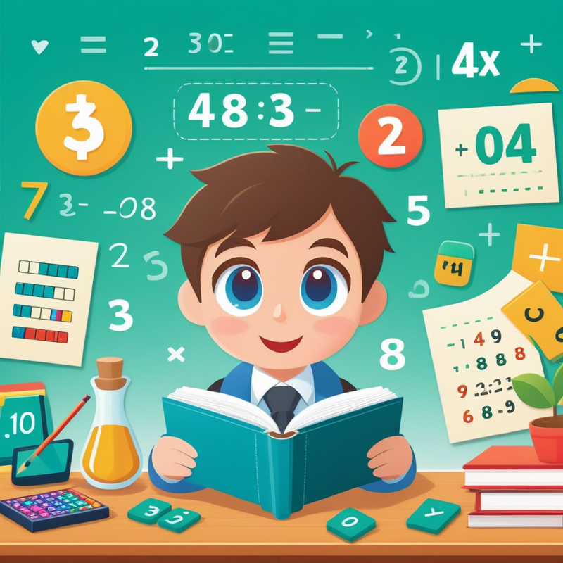 student reading a book at a desk and behind him a board with numbers
